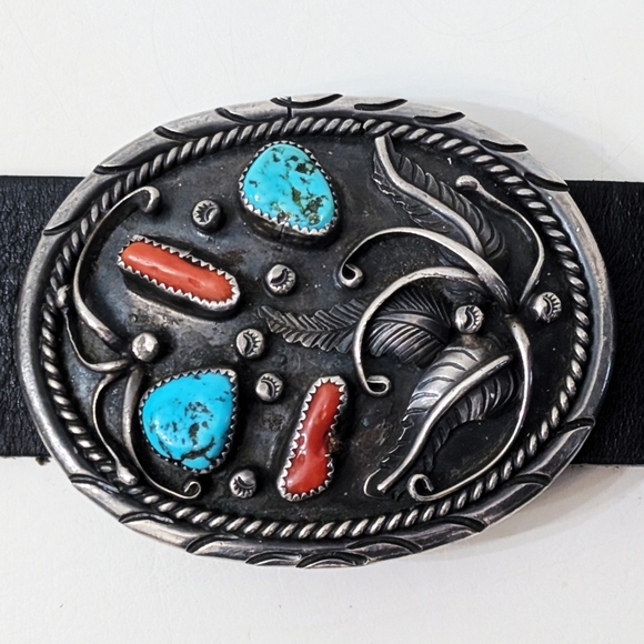 Vintage Oversized Navajo Sterling Silver Coral & Turquoise Signed Belt …